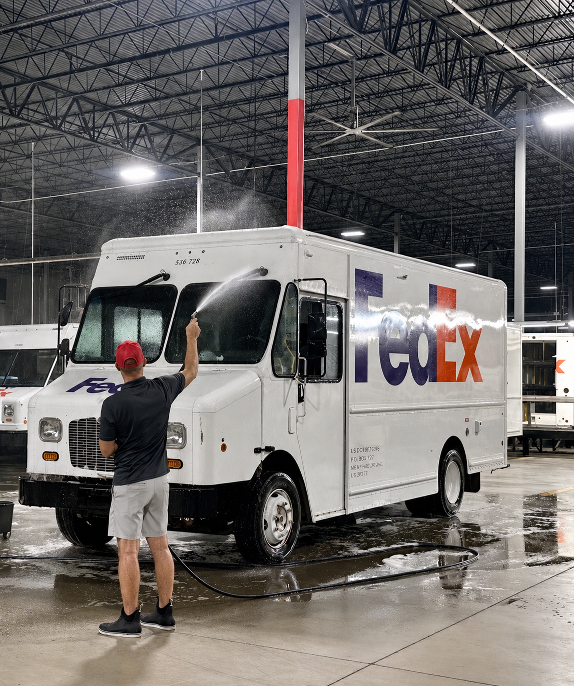 A person wearing a black shirt, gray shorts, black shoes, and a red cap is washing a FedEx delivery truck with a hose in an indoor warehouse. The truck is white with the FedEx logo on the side. The warehouse has a high ceiling with metal beams and lighting fixtures.
