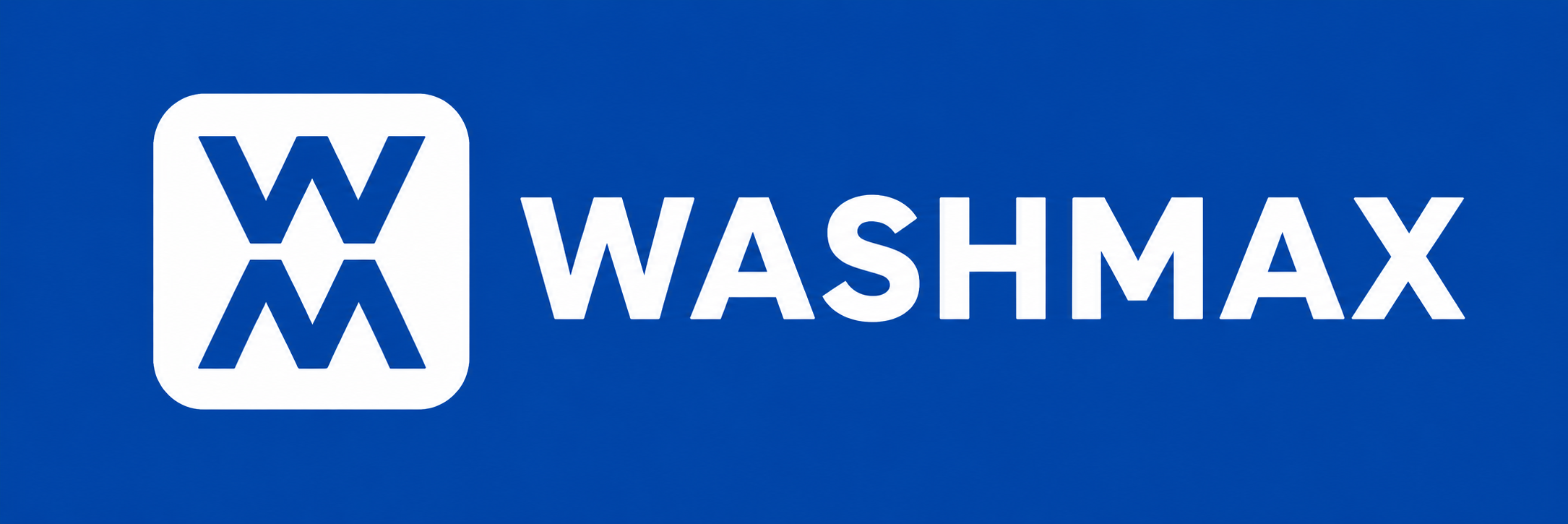 Blue background with a white square logo featuring a blue W and M intertwined, and the text 'WASHMAX' in white letters.