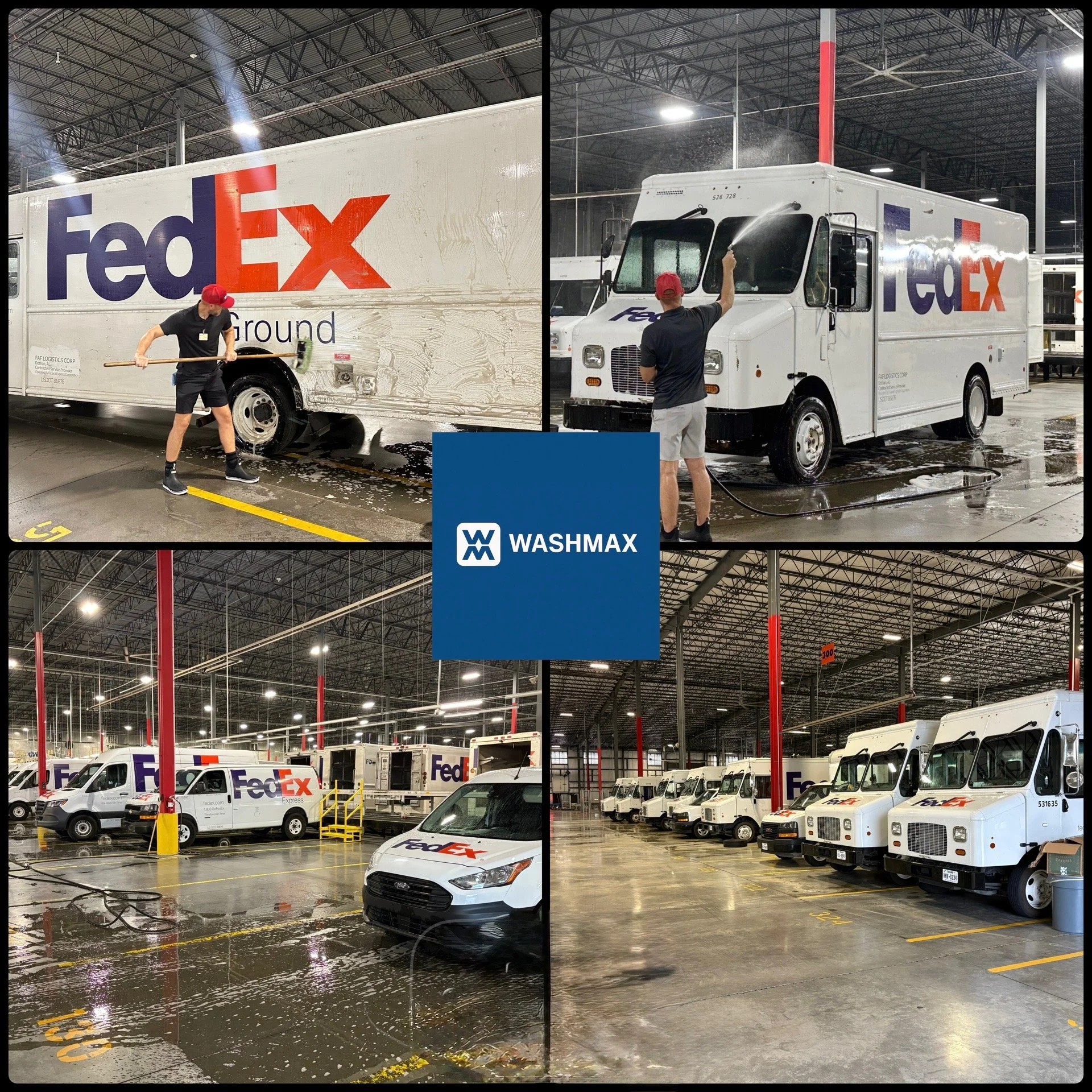 Inside a large warehouse with FedEx delivery trucks and vans parked, where workers are cleaning the vehicles with water and brushes.