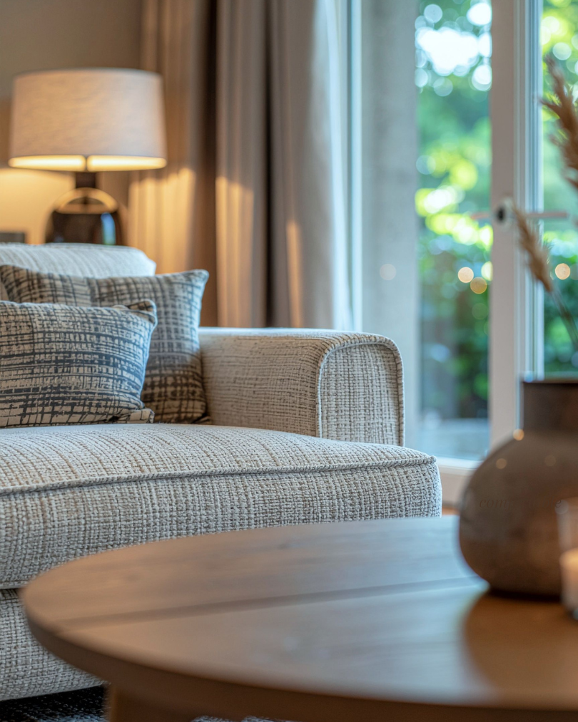 Close-up of a cozy living room with a beige textured sofa, decorative pillows, a wooden coffee table, a large window with curtains, and a lamp in the background.