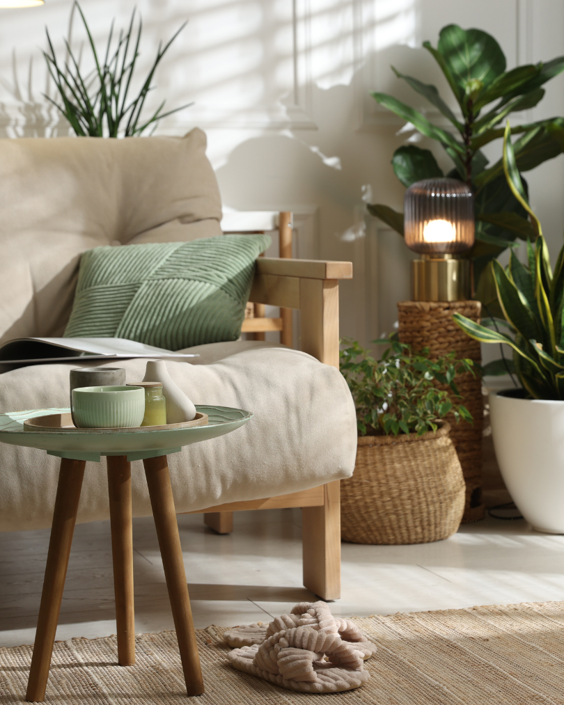 Living room corner with a beige sofa, green pillows, a small wooden side table with green ceramics, potted plants, and a lamp with a black shade, creating a cozy atmosphere with natural sunlight.