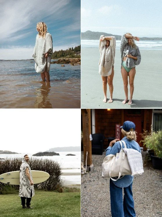 Four images of women at the beach or outdoors, some with beach accessories and casual clothing.
