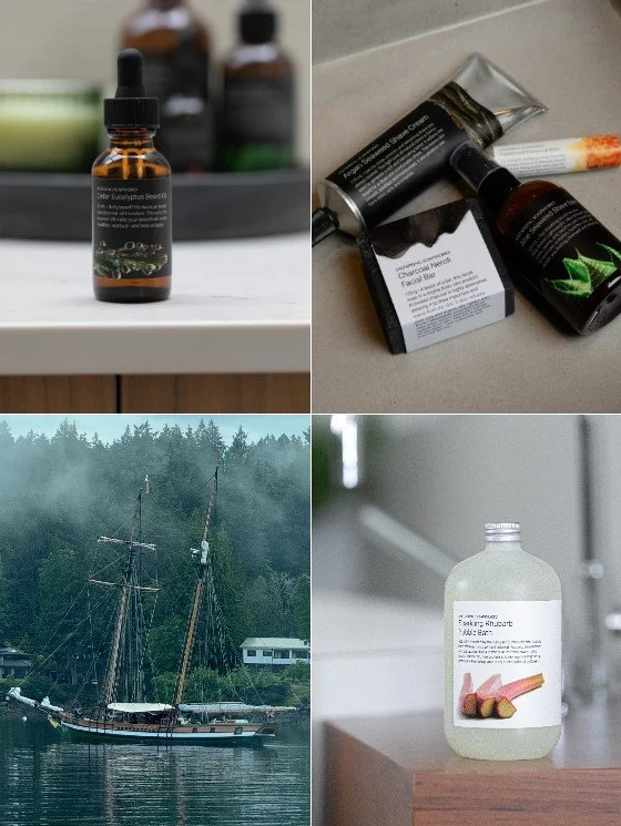 Collage of four images: the first shows a brown glass dropper bottle with a black cap and label, likely essential oil; the second shows skin care products including a tube, a dropper bottle, a box, and a lit cigarette on a gray surface; the third features a tall sailing ship docked at a harbor with a forest in the background; the fourth displays a plastic bottle with a label showing smoked meat and some sort of meat product.
