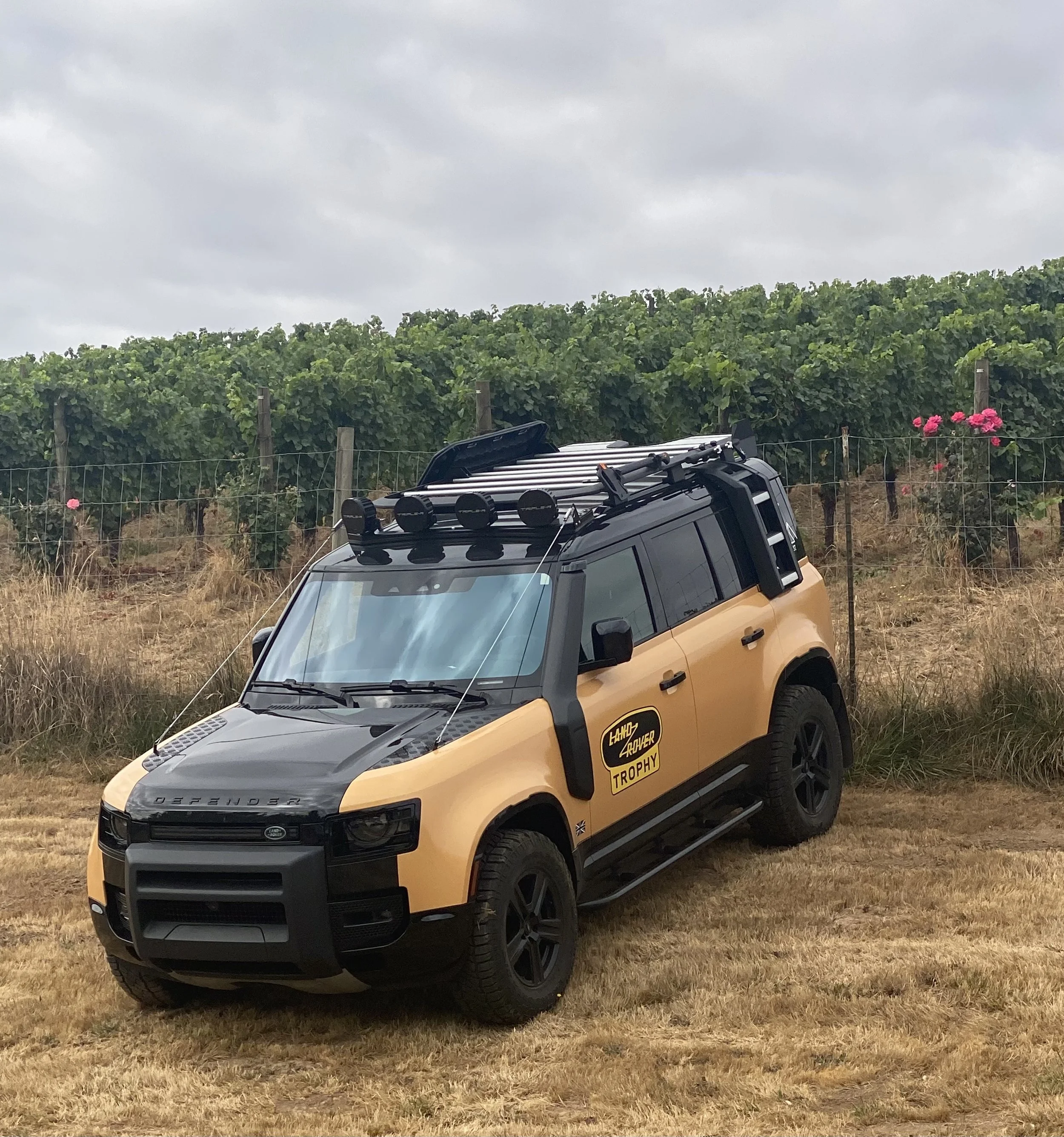 A yellow Land Rover Defender parked on a grassy field with a vineyard in the background under a cloudy sky.