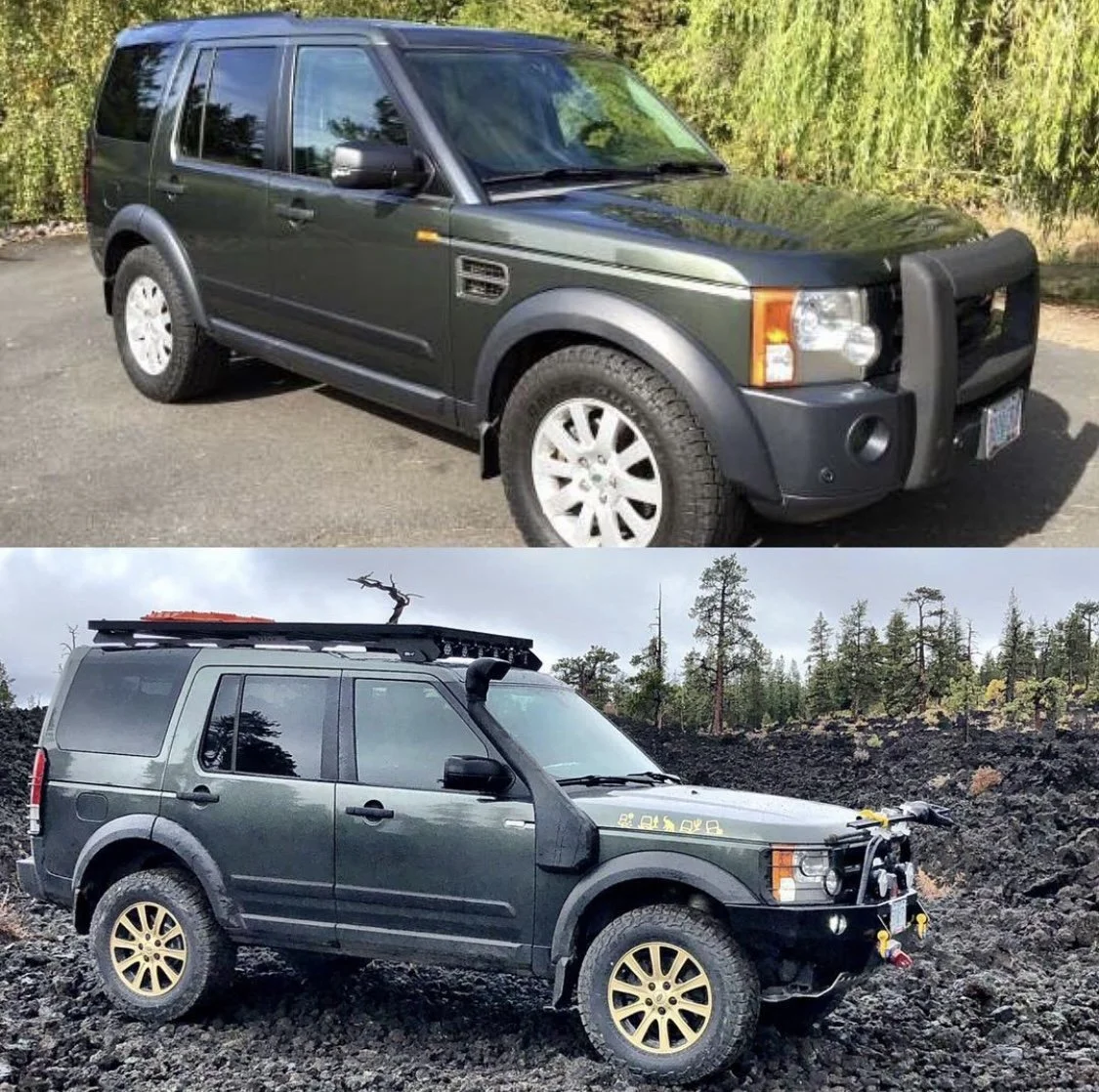 A black Land Rover Discovery SUV in two different settings: the top image shows it parked on a paved surface with green trees in the background, and the bottom image shows it off-road in a rugged terrain with a rocky landscape and trees, equipped wit