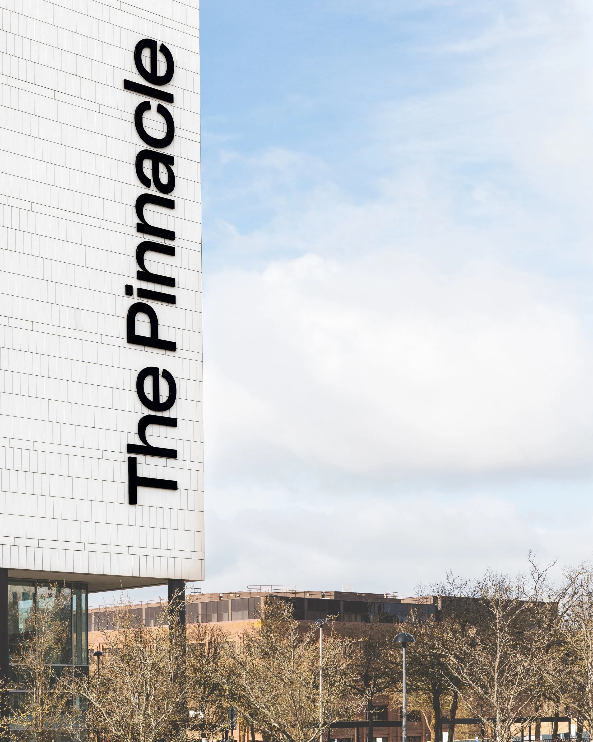 A modern white building with large black lettering on the side that says 'Theatre'. The building has a glass entrance and is surrounded by bare trees and street lamps, with a blue sky and some clouds in the background.