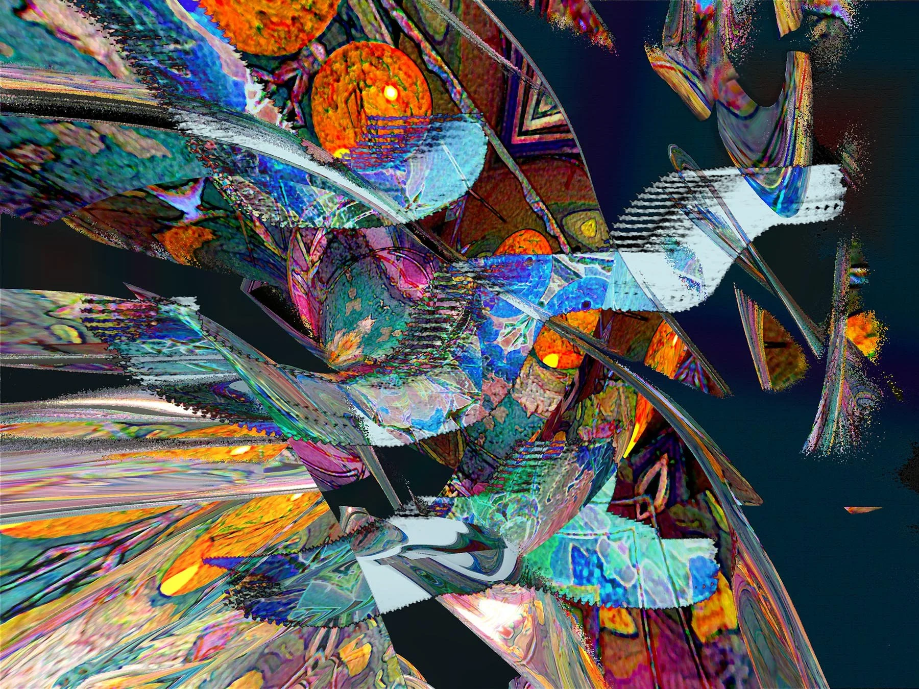 'Circus, Most Likely'

Bridges the visionary, surreal and the abstract. It reminds me of a circus. It’s got lots of movement and depth and shapes that could be the “three rings” of a circus. Blue, orange and black are prominent.
