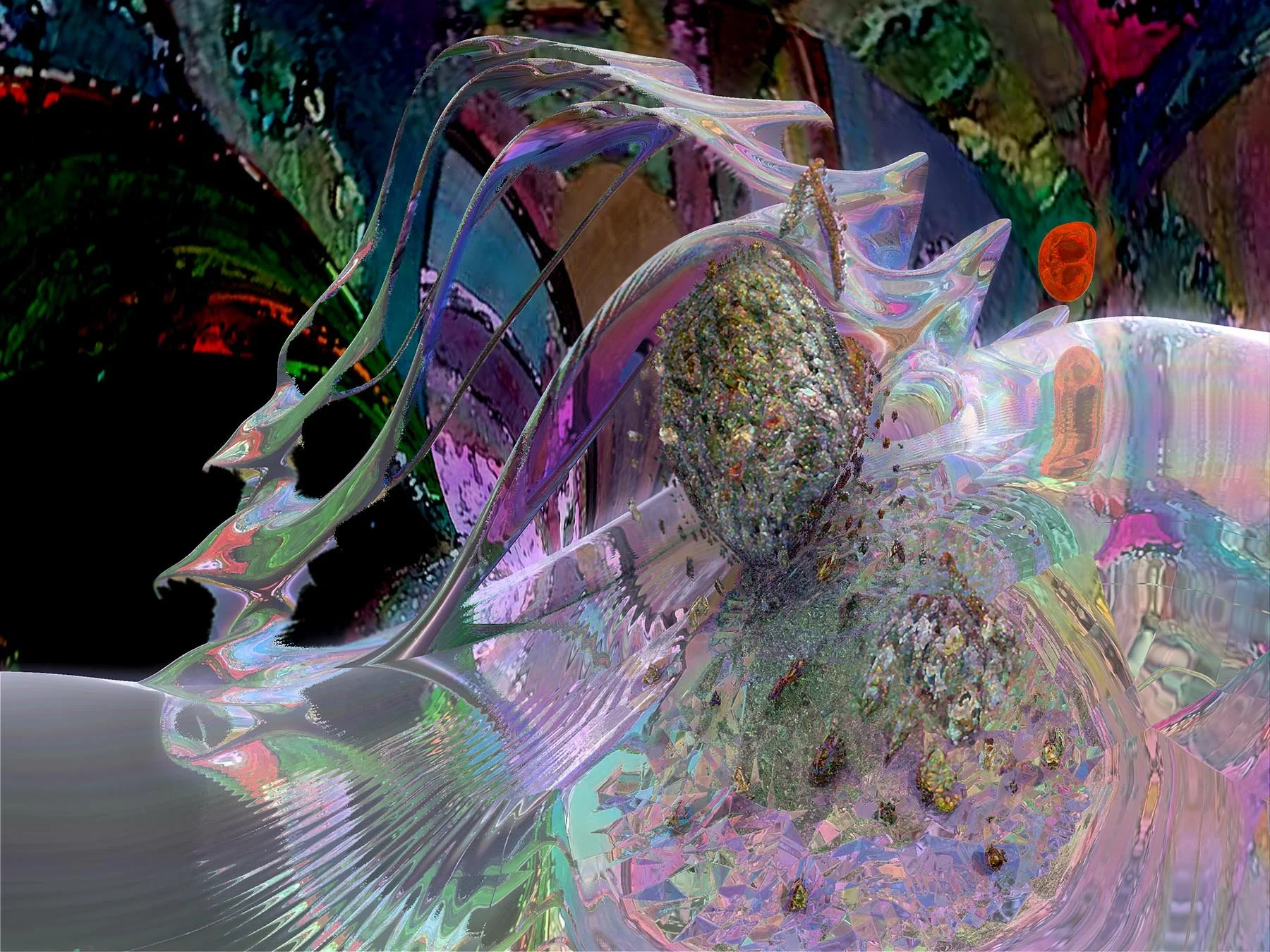 'Cornucopia Revealed'

An oyster-like shape filled with gems is one of the foci of this image. Water with reflections and wave-forms are also seen. Together they project a surreal creation. 