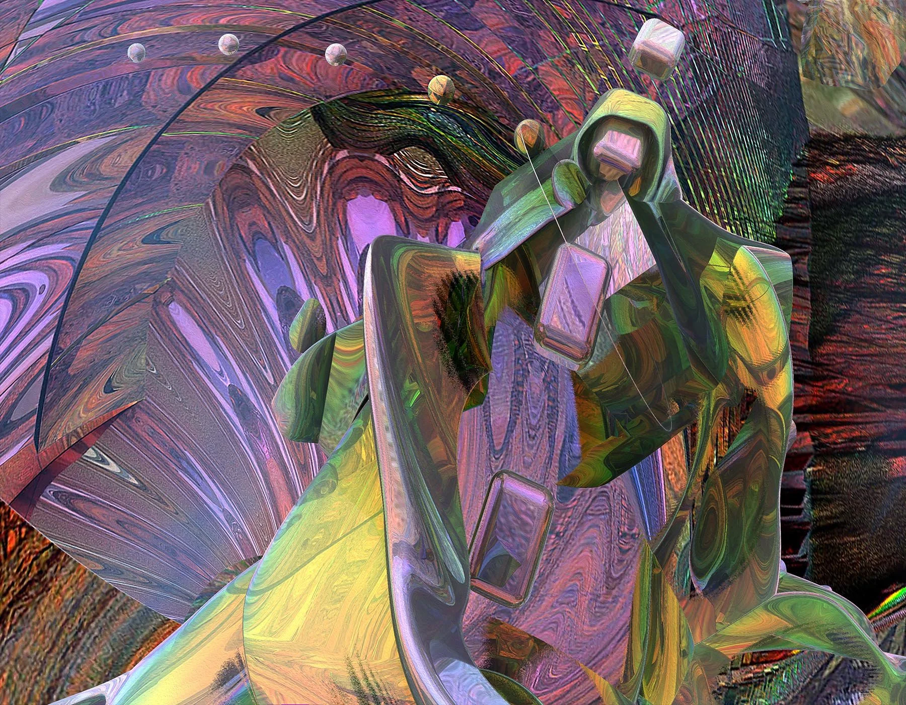 'The Teaching'

A hooded figure is seen - perhaps descending across the image space. He comes interwoven with some tablets. The teacher arrives with some teachings. Moon-like spheres fly off to his right side. The overall tone is spiritual and surrea