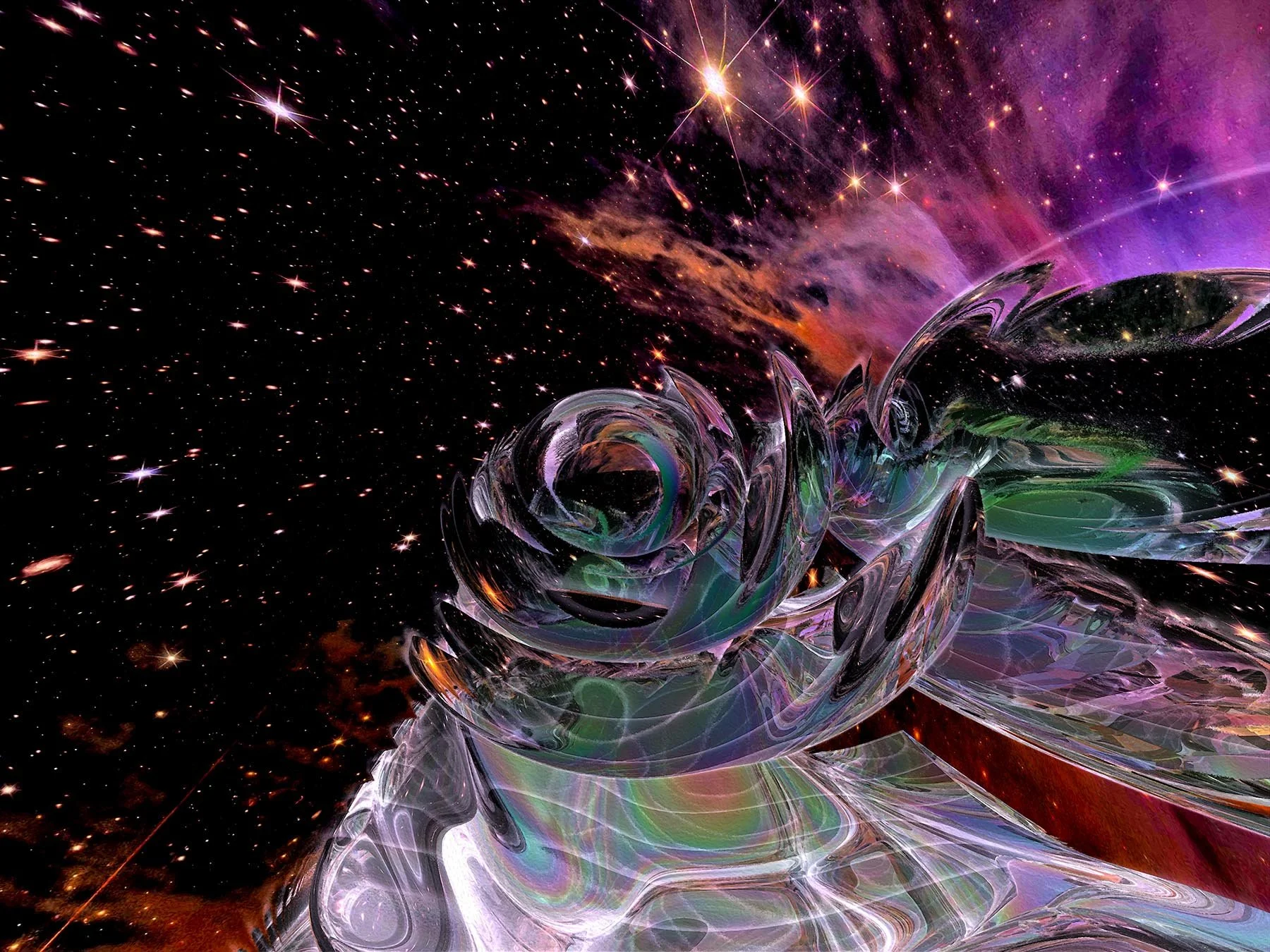 'Angel of Messier-78'

What could be more fanciful than an angel of a nebulae? This digital fine artwork evokes awe and wonder, featuring swirling, 
transparent shapes and iridescent colors. The entire vision is set against a brilliant kosmic backgro