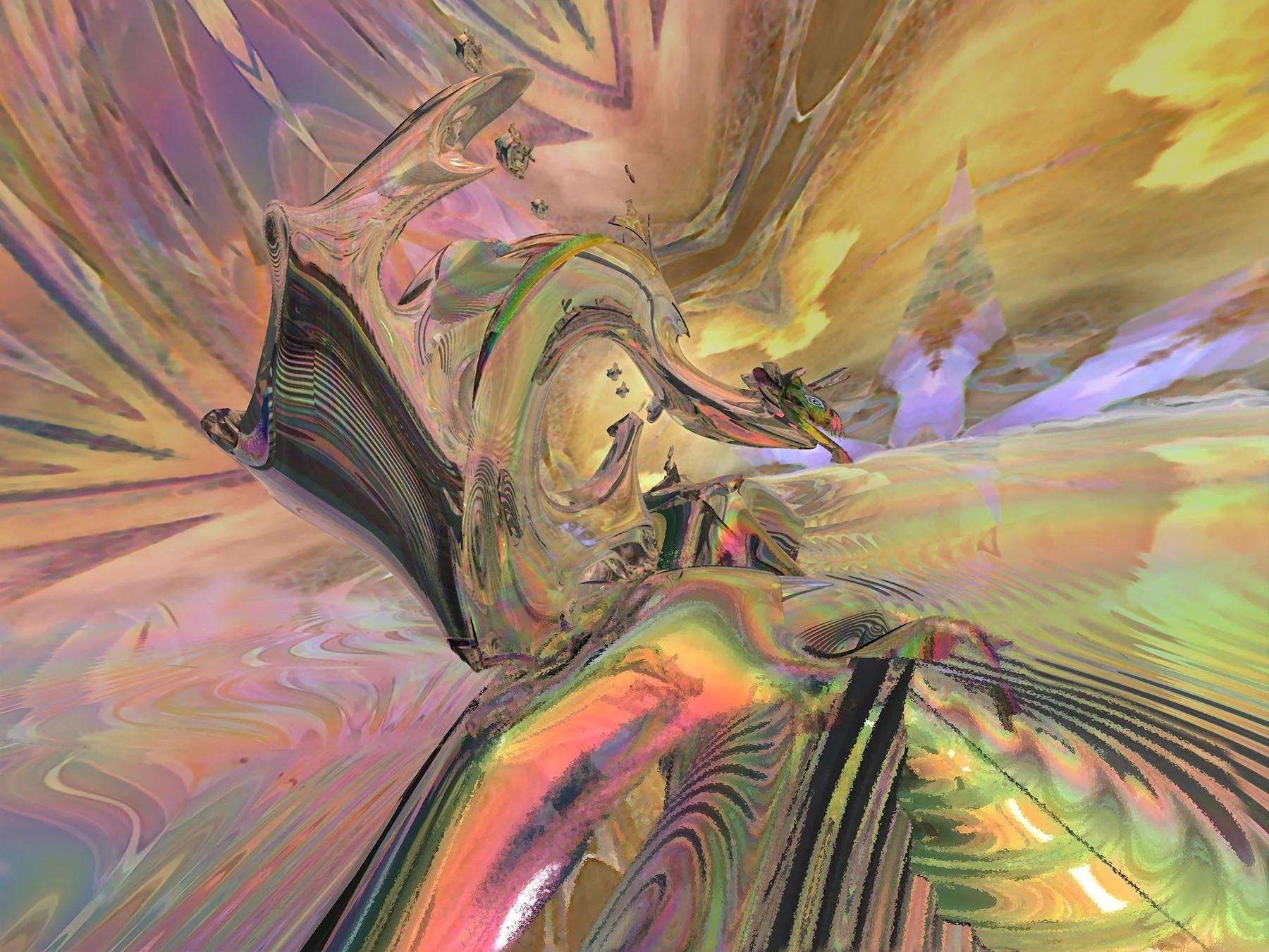 'The Chartreus Dragon'

Digital  art at the intersection of cosmic exploration and fluid consciousness. Built from layered fractals, iridescent light, and organic motion, this piece is designed to feel less like a flat image and more like a open port