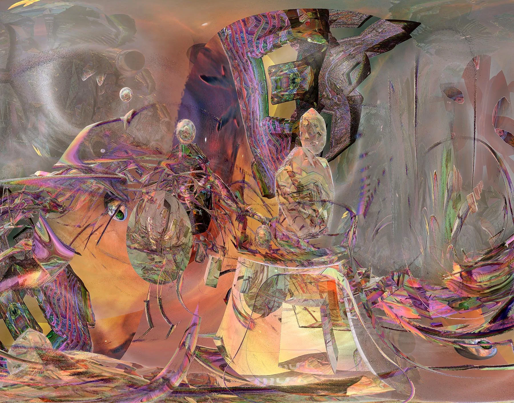 'Peace Amidst Chaos'  A crystal-like abstracted form is the central focus of this piece. It sits atop a raised platform. The image includes many symbolic references related to the spiritual realm. It is somewhat mysterious and draws in the viewer to 