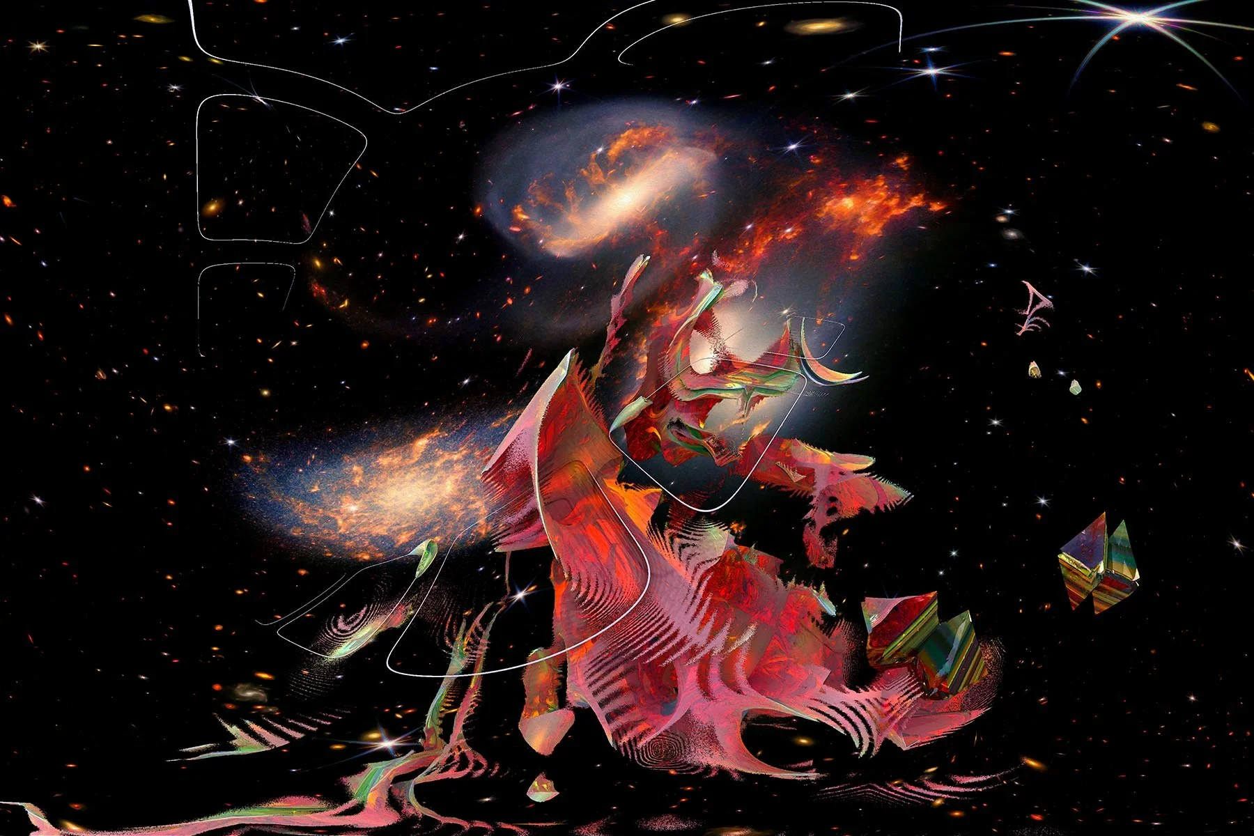 'Hail the Glorious Nebula'

Celebrating Stephan's Quintet, this digital artwork unveils an enormous monolithic sculpture adorned with colorful, swirling patterns and hidden faces. The kosmic sky is filled with brilliant stars, vibrant nebulae, and in