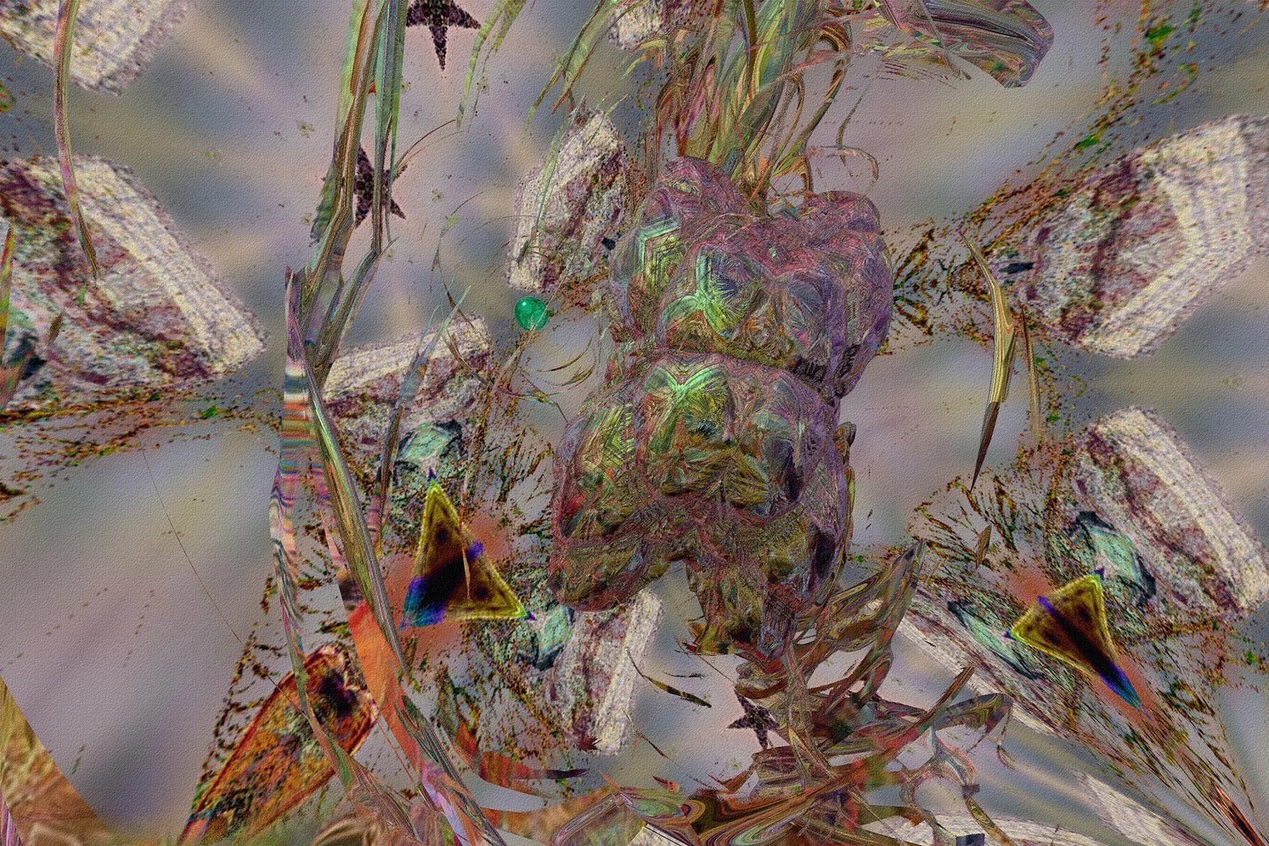 'Mashup Delux'

Abstract digital artwork featuring a central, distorted form with multiple fragmented elements, such as eyes and hands. Surrounded by fractured geometric shapes and intricate lines, the composition is grounded by a muted, sophisticate