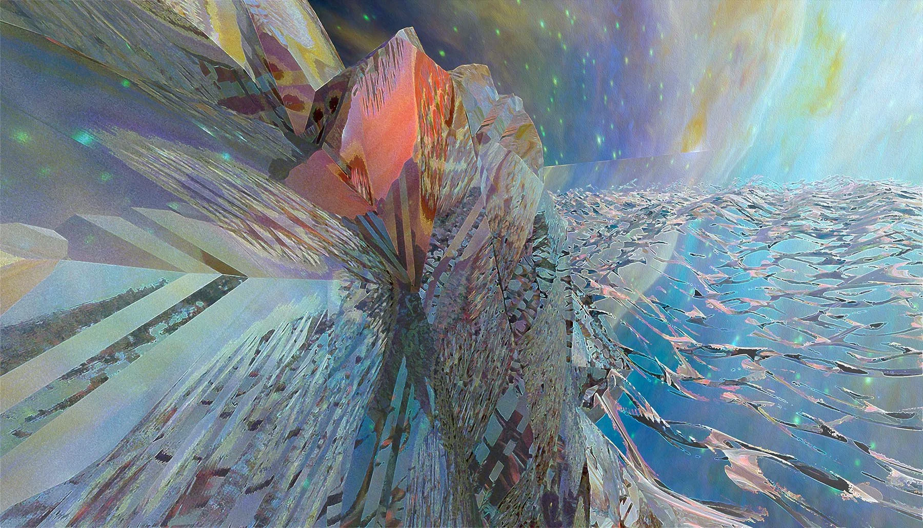 'Greeting Incoming Nebular Waves'

A vibrant vision where recognizable forms —birds, fish, ice formations, and crashing waves— begin to emerge. Reflections of a magnificent nebula ripple through a digital canvas of vivid pastel colors, set against a 