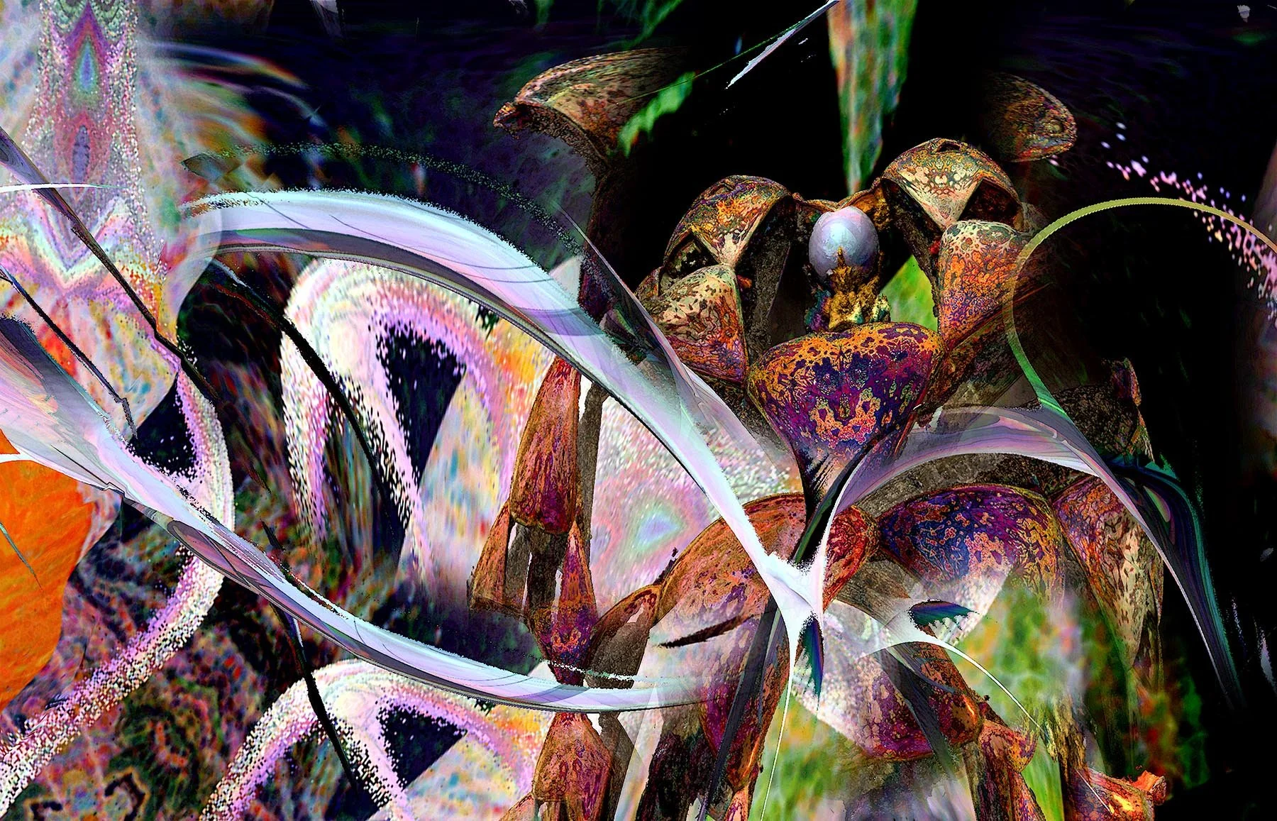 'Grand Entrance'

An imposing, statuesque figure emerges from mid-ground preceded by a series of brilliant, bright waveforms. Seamlessly bordering the worlds of abstract expressionism and sci-fi, this complex, futuristic 3D form is set beautifully wi
