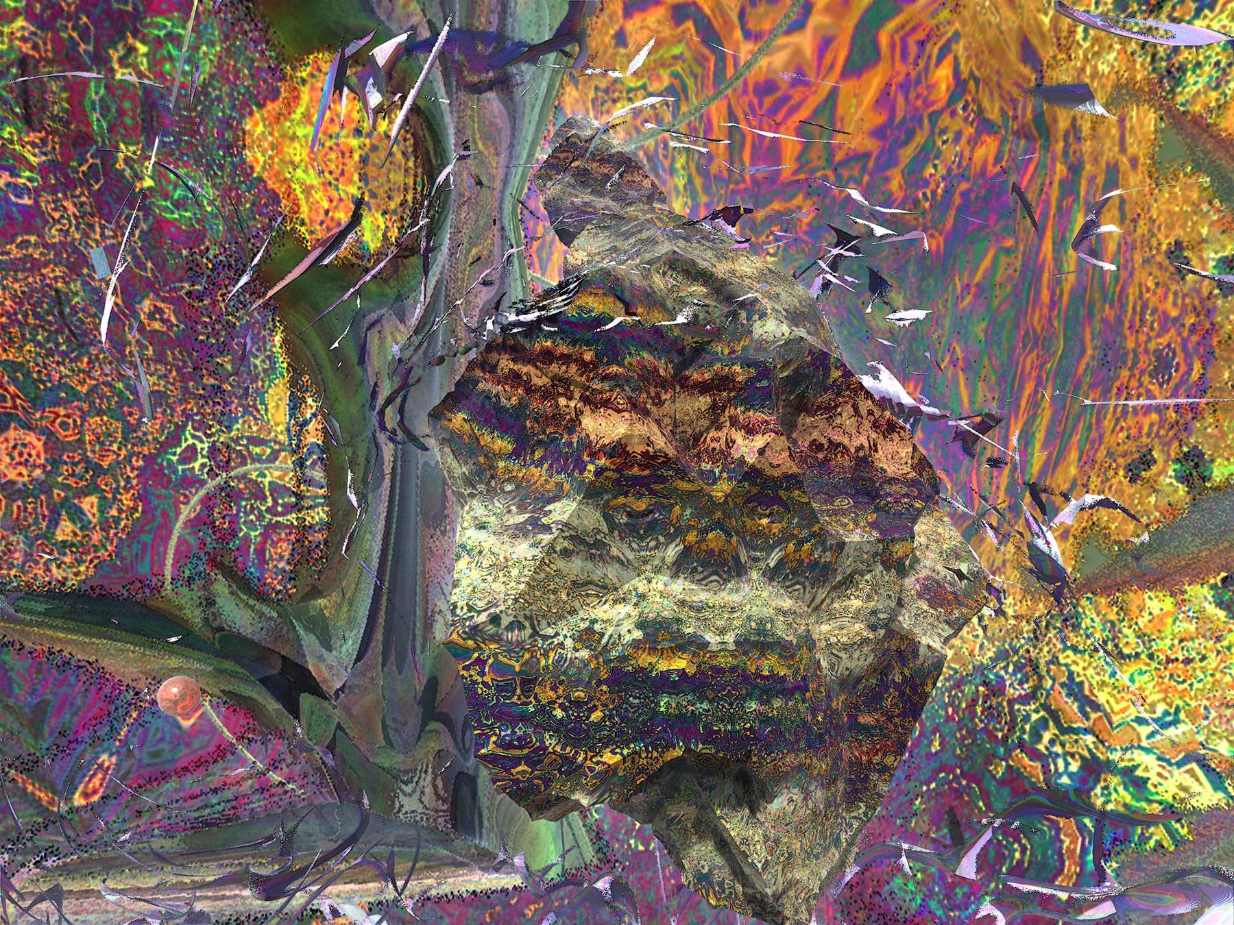'Enigma of Bird Rock'

A large central rock formation hovers over a mysterious landscape of ancient glyphs, art forms, and a wide river. Above the rock a large flock of birds flies through a dynamic composition of swirling patterns, jagged shapes, an