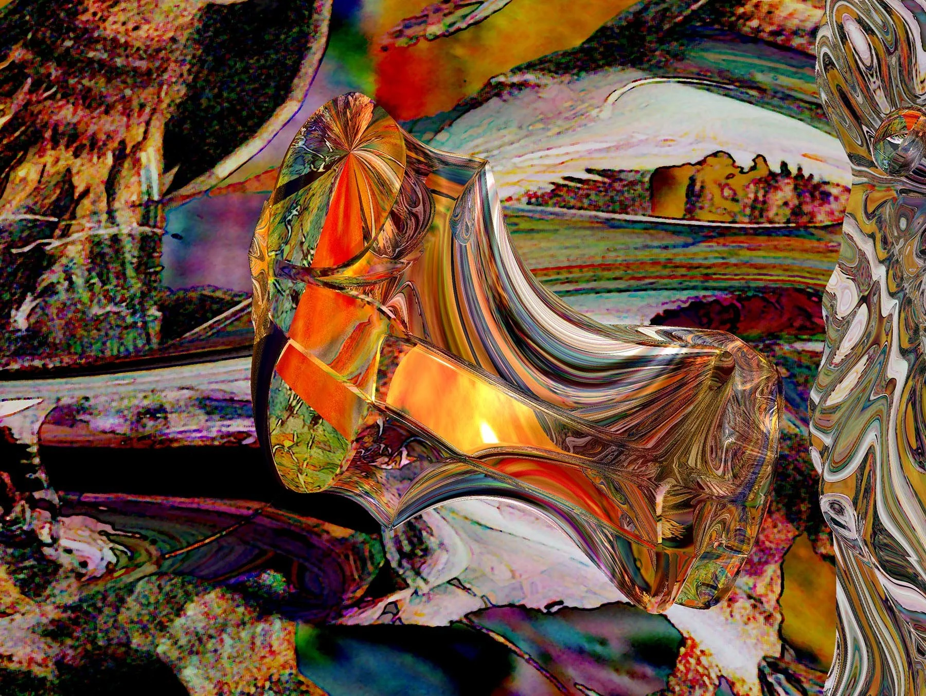'Window on Another World'

Bold, evocative abstractions are layered upon a large central sculptural form above a collage-like composition. The unique effect draws the viewer in to peer through several windows to glimpse a landscape filled with a dram