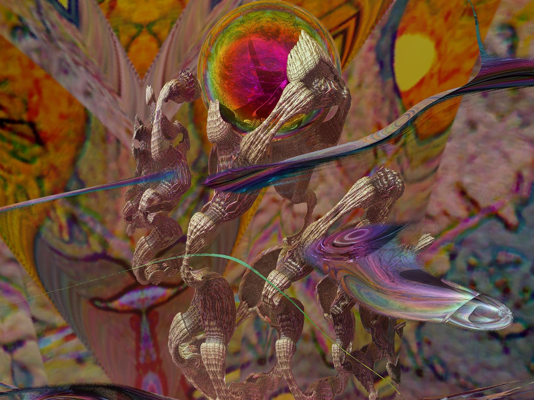 'Biomorphic Exploration'

Very imaginative organic biomorphic forms are explored. A large iridescent sphere sits above one of the biomorphic forms. Orange, red, yellow and blues predominate.