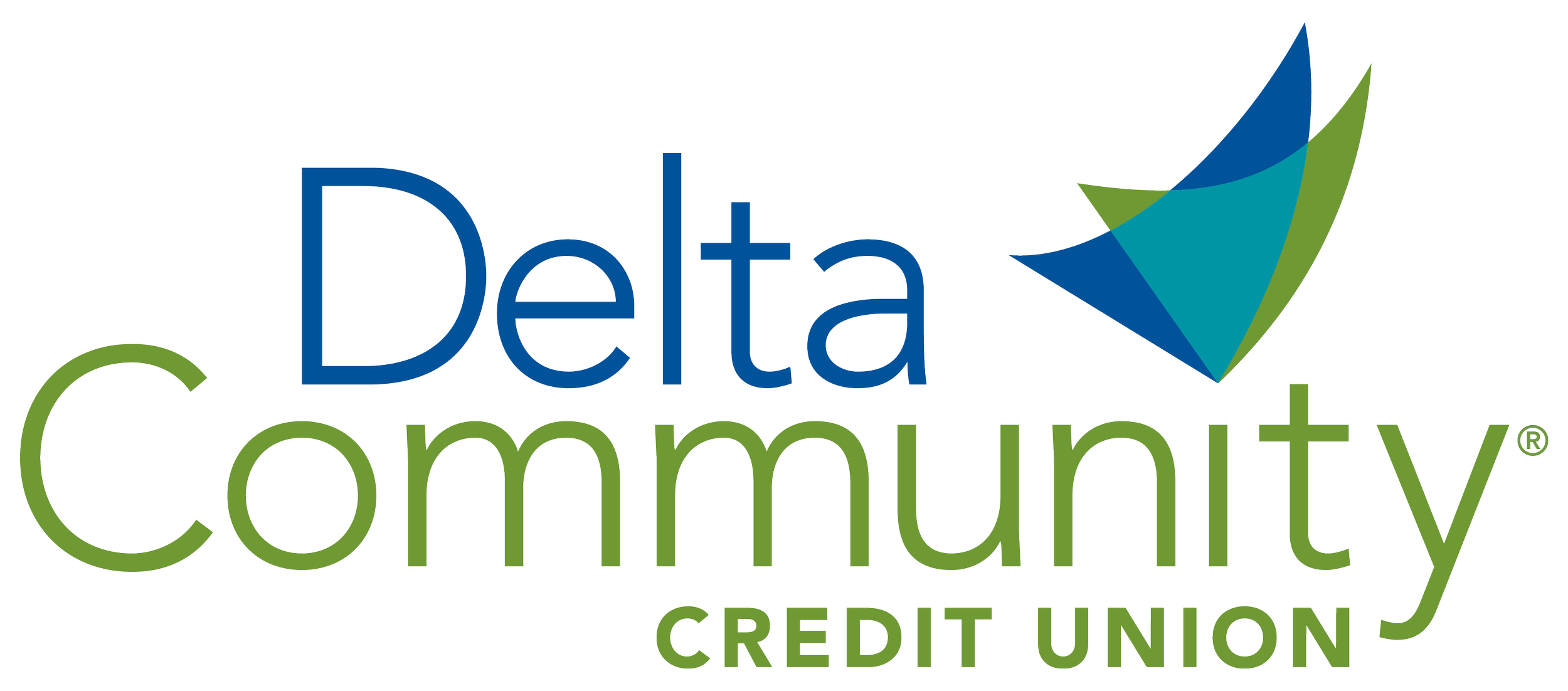 Logo of Delta Community Credit Union featuring stylized geometric shapes in blue and green, with the words "Delta Community Credit Union" in blue and green text.
