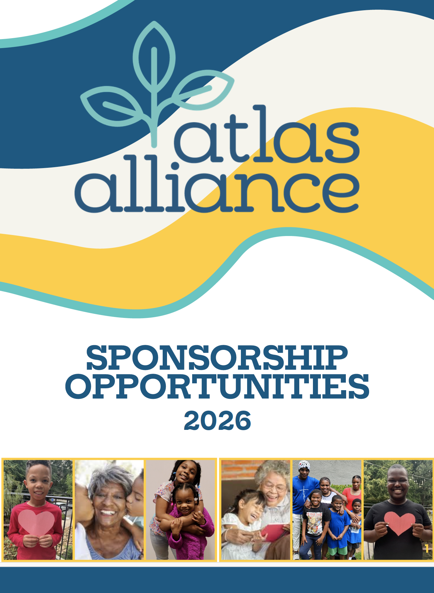 Cover page of the 2026 sponsorship opportunity guide for Atlas Alliance featuring a logo with a stylized plant, the organization name, and a collage of diverse smiling children and adults from various backgrounds.