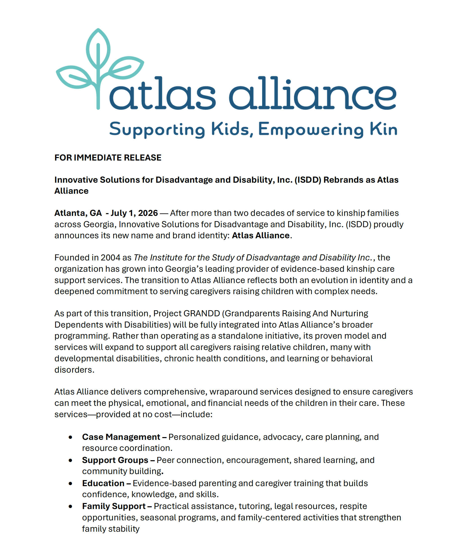 Official press release document for Atlas Alliance, formerly Innovative Solutions for Disadvantage and Disability, Inc., announcing rebranding and updated services for kinship caregivers and children. The document features a logo with a stylized tree and reads "Supporting Kids, Empowering Kin".
