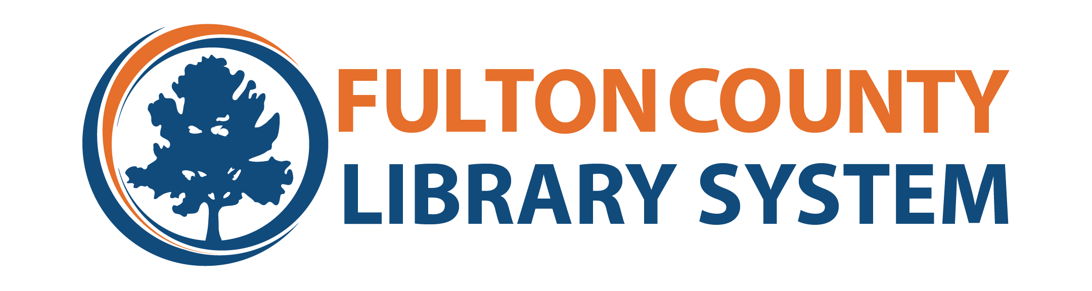Fulton County Library System logo with a blue tree inside a circular outline next to the text 'Fulton County Library System' in orange and blue.