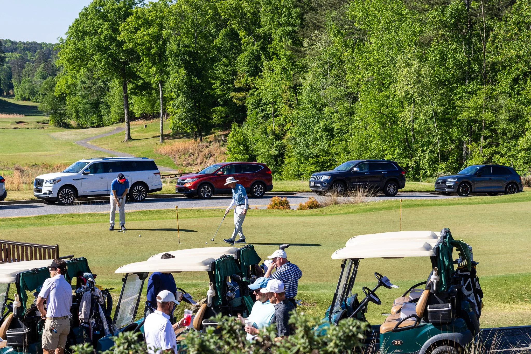 Golf course with several golfers playing and preparing to putt, surrounded by lush green trees and parked cars in the background.