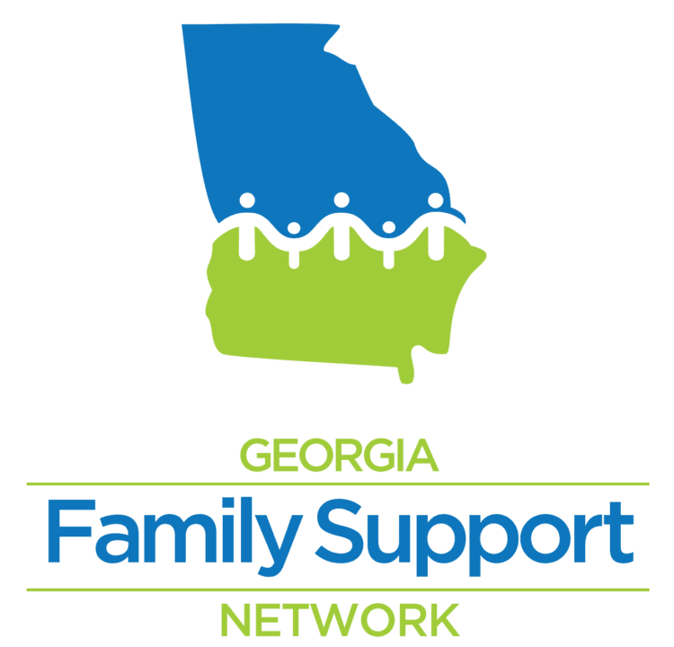 Logo of Georgia Family Support Network featuring a stylized map of Georgia with a green bottom and blue top, connected by black dots and lines.