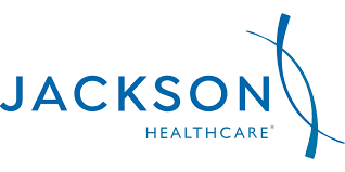 Jackson Healthcare logo with blue text and a stylized curved line design