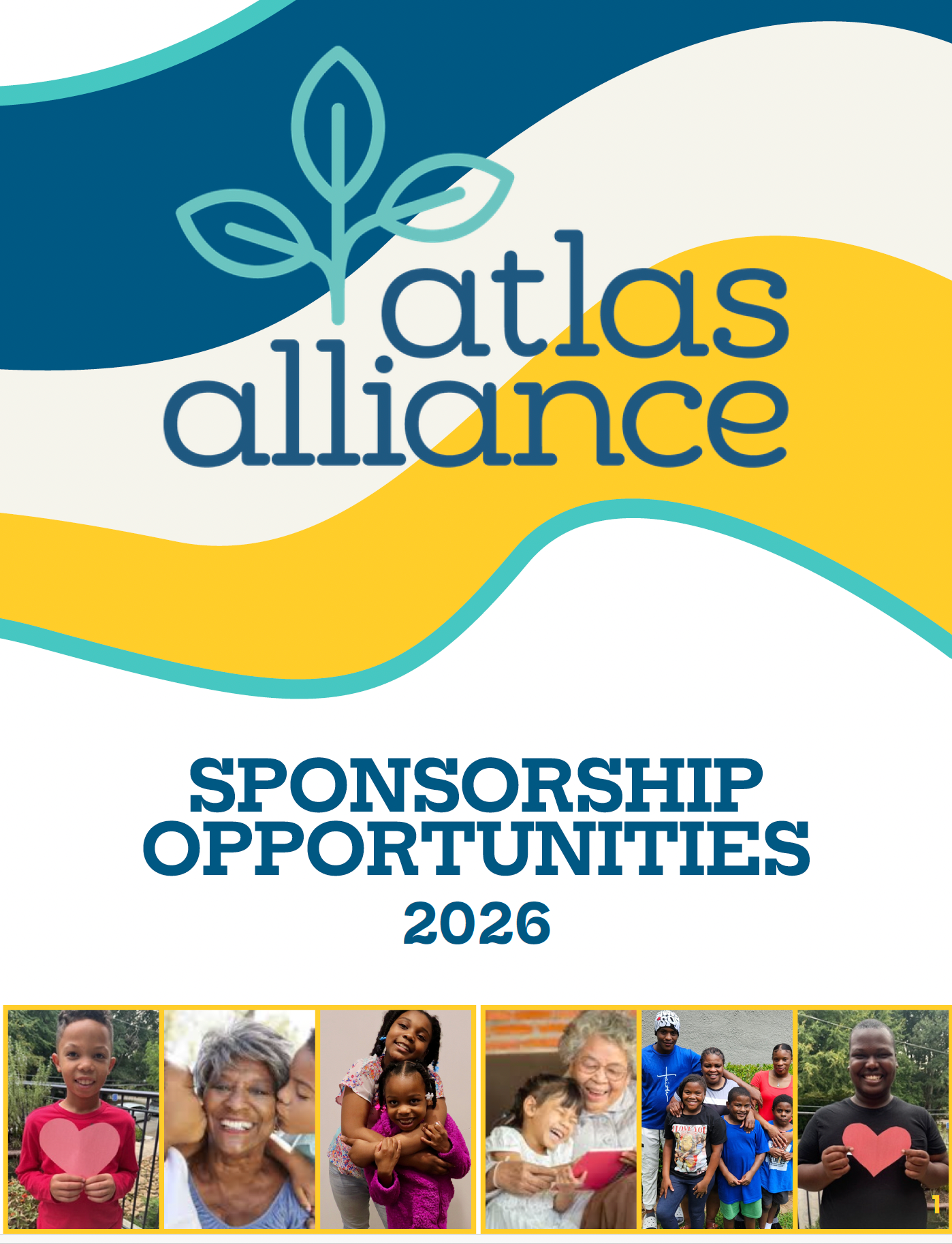 Cover page of Atlas Alliance 2026 Sponsorship Opportunities with a logo of a plant, a yellow wave, and photos of diverse children and seniors at the bottom.