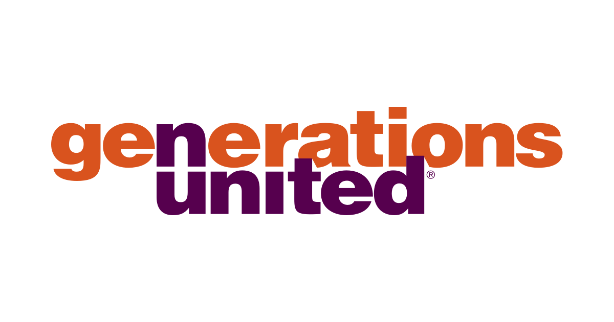 Text that reads 'generations united' in large, colorful letters with orange and purple colors.