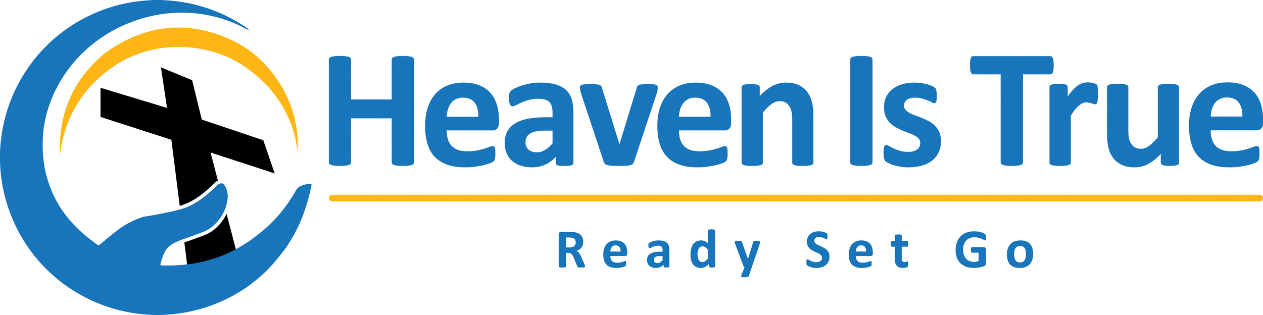 Logo for Heaven Is True with a black cross encircled by a hand, featuring blue and yellow colors, and the tagline 'Ready Set Go'.
