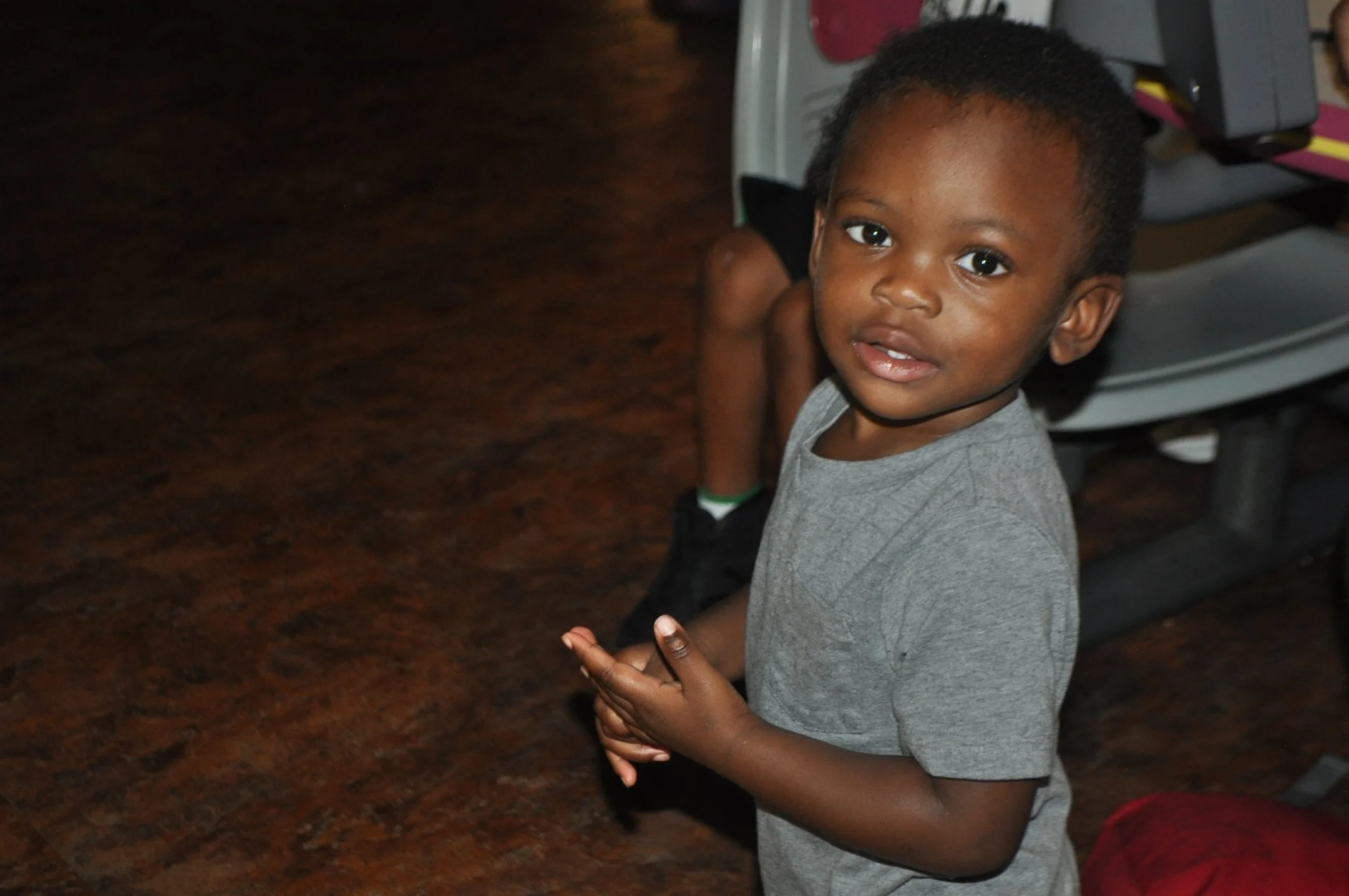 A young boy with dark hair and dark eyes, wearing a gray T-shirt, is looking at the camera. He is standing indoors near a wooden floor and some electronic equipment.