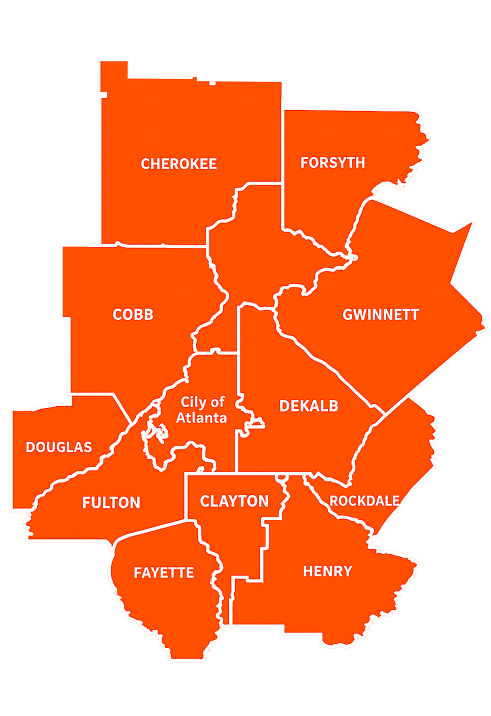 Map of Fulton County, Georgia, showing various districts labeled Cherokee, Forsyth, Gwinnett, Cobb, DeKalb, Douglas, Clayton, Fulton, Fayette, Henry, and Rockdale with borders outlined in white and a beige background at the bottom.