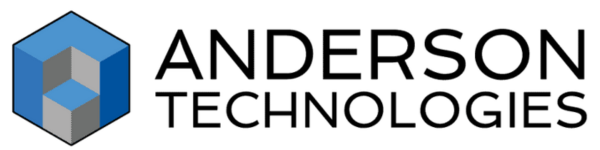 Logo for Anderson Technologies, featuring a blue and gray hexagonal icon and bold black text.