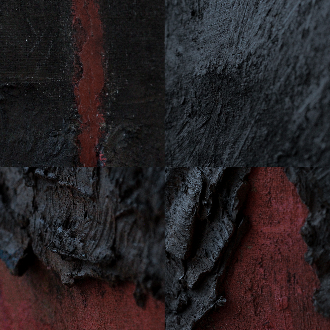 Veio II. 2026. Tinta a óleo, ceras, carvão, pó de carvão e de madeira sobre linho. 40 × 40 cm. (Detalhes II)