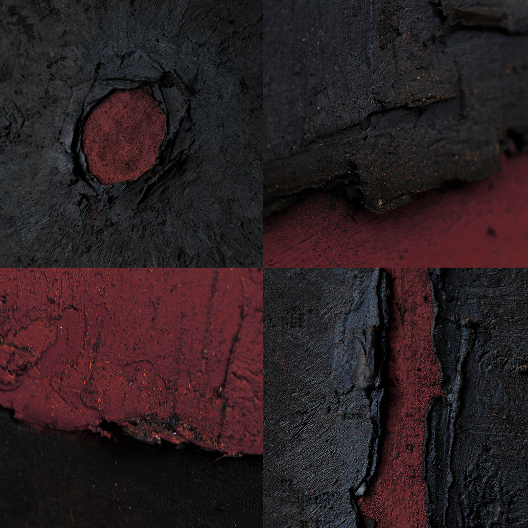 Veio I. 2026. Tinta a óleo, ceras, carvão, pó de carvão e de madeira sobre linho. 110 × 160 cm (Detalhe I)