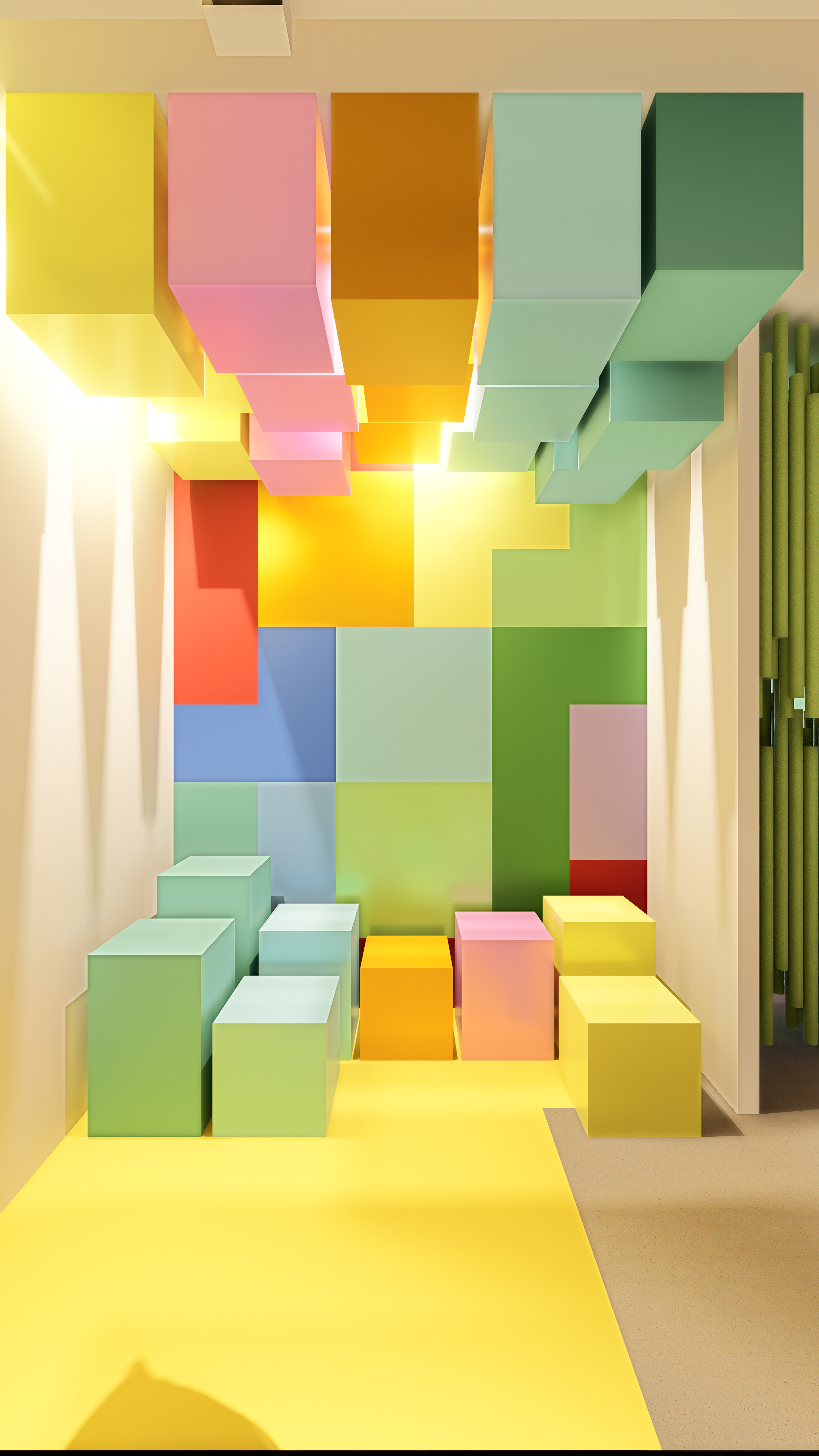 Colorful installation of floating rectangular boxes in pastel and bright shades, suspended from the ceiling in a gallery space with a yellow floor and light-colored walls.