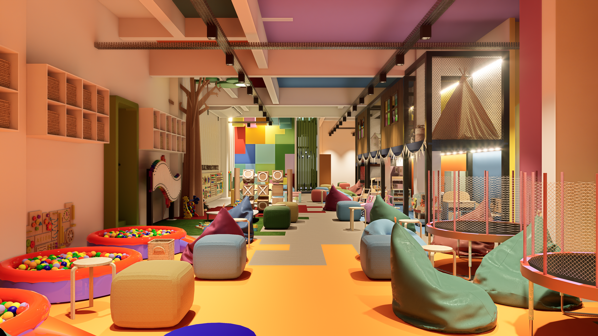 Colorful indoor play area with ball pits, soft seating, and various toys suited for children.