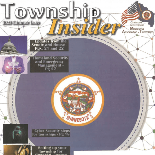Cover page of the 2023 Summer issue of Township Insider magazine, featuring a large circular emblem of Minnesota with trees, water, and a bridge, and various articles about homeland security, cybersecurity, and government updates.