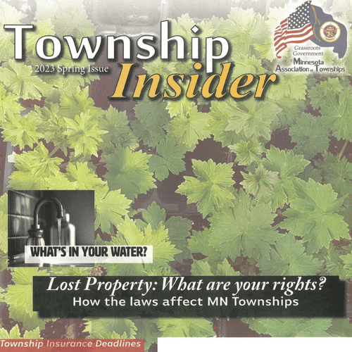 Cover of Township Insider magazine, Spring 2023 issue, featuring a background of green leaves, with headlines about water quality, lost property rights, and township insurance deadlines.