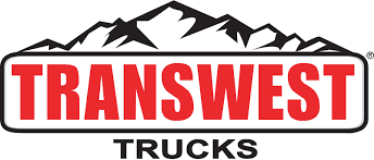 Logo of Transwest Trucks featuring a mountain range above the company name in bold red letters.