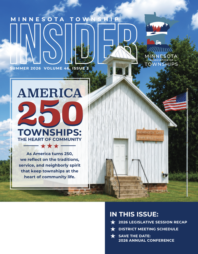 Front cover of Minnesota Township Insider magazine with an image of a white wooden town hall under a blue sky, American flag, and text celebrating 250 townships.