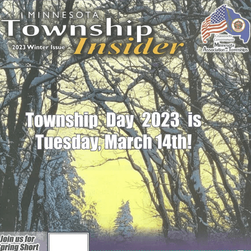 A winter scene of snow-covered trees with a yellow sky in the background. Text overlay reads: "Minnesota Township Insider, 2023 Winter Issue. Township Day 2023 is Tuesday, March 14th!" and a logo for the Minnesota Association of Townships.