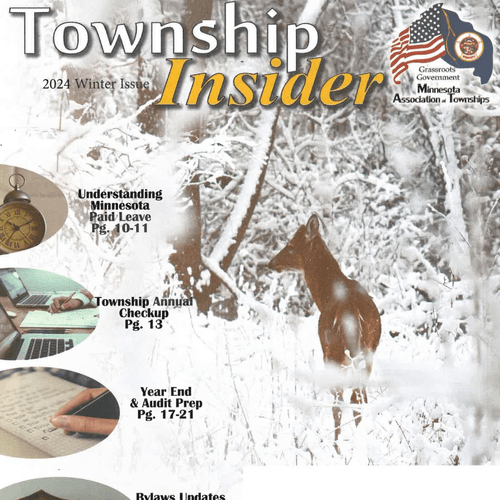 Magazine cover for Township Insider, 2024 Winter Issue, featuring a snowy landscape with a lone dog in the woods, and text highlighting articles about Minnesota governance, township checkups, and year-end audits.