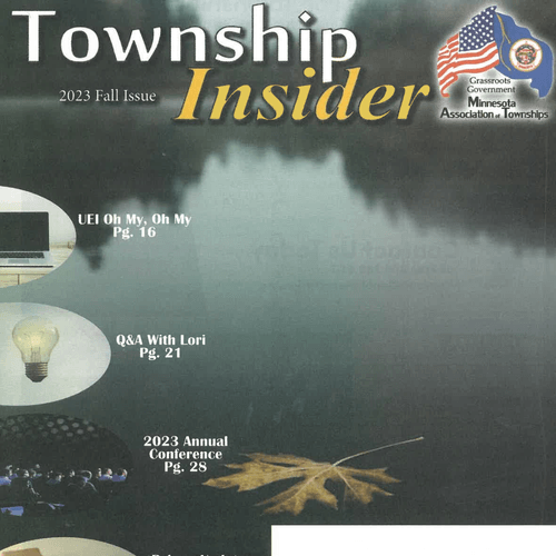 Cover of a magazine titled 'Township Insider' for fall 2023, featuring a lake scene, and headlines about local events and articles.