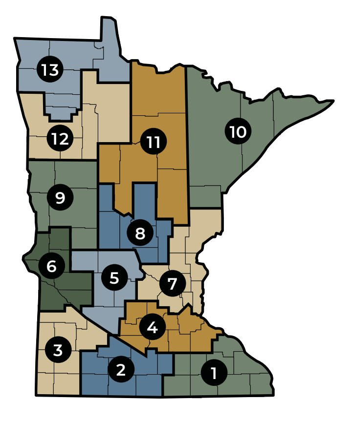 Map of Minnesota with numbered regions highlighting different areas.