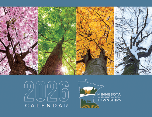 Four different tall trees with colorful leaves in pink, green, orange, and blue sky backgrounds, representing different seasons in a Minnesota township calendar.