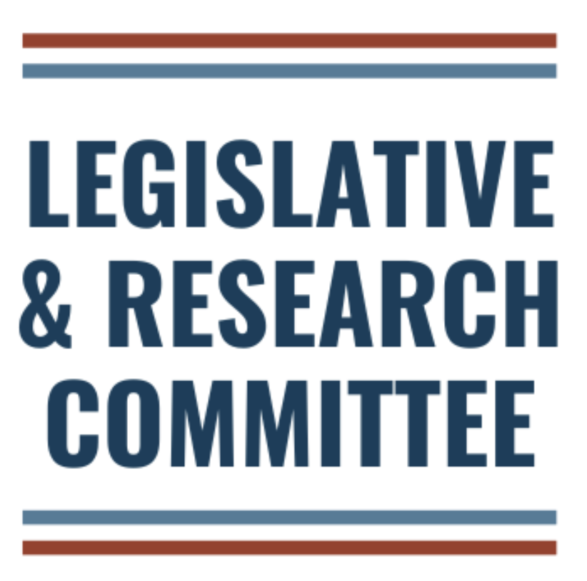 Logo for the Legislative & Research Committee with red and blue lines above and below the text